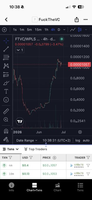 A mobile screenshot from DexScreener showing the FTVC/WPLS trading pair on PulseChain's 4-hour chart, currently priced at $0.00001057 (down 3.47%), with the post highlighting it as a promising micro-cap chart whose growing holder base could fuel significant gains in the next bull run.