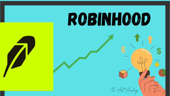 A graphic featuring the Robinhood logo alongside an upward-trending green arrow, dollar signs, and a hand holding a glowing lightbulb, with "ROBINHOOD" displayed prominently at the top, visually representing the company's rapid growth and soaring transaction activity highlighted in the post.