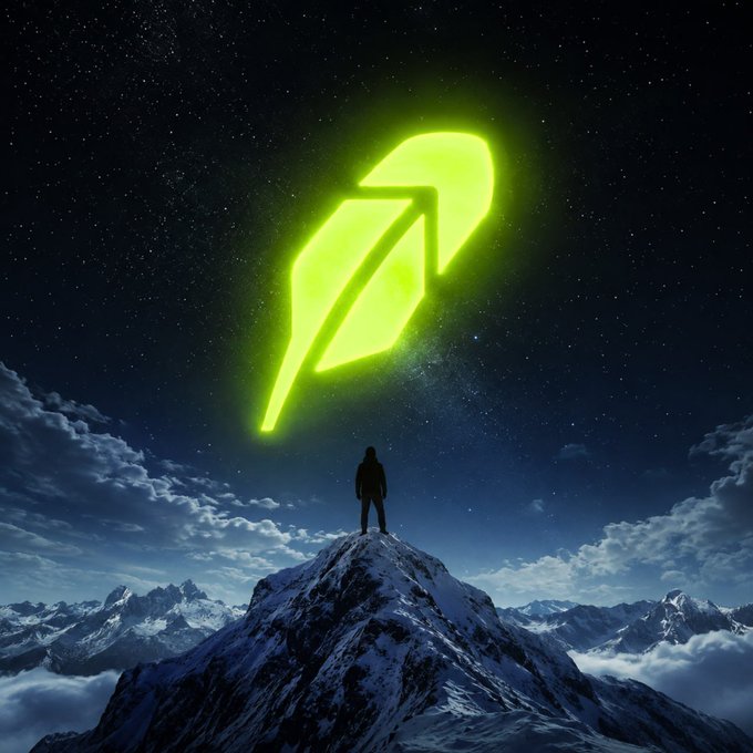 A lone figure stands atop a snow-capped mountain beneath a glowing green feather-shaped symbol in a starry night sky. The luminous feather evokes the Robinhood logo, suggesting the rare and ambitious nature of finding the perfect Robinhood project to hold.