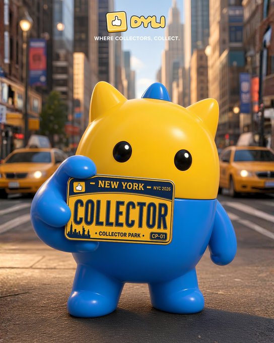 A yellow and blue cartoon cat figure holding a license plate that reads "NEW YORK NYC 2026" and "COLLECTOR" with "COLLECTOR PARK CP-01", set in a city street with the logo "oru - WHERE COLLECTORS. COLLECT."