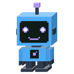 A pixel art style illustration of a cute blue robot with purple glowing eyes and a matching antenna, featuring a small smile and a square chest panel.