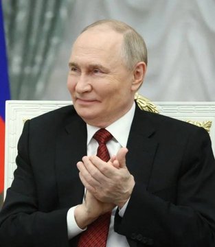 A smiling Vladimir Putin claps his hands in a formal setting with a Russian flag visible, accompanying a post about Russia's central bank registering its first crypto custodians and exchange operators, including Sberbank.