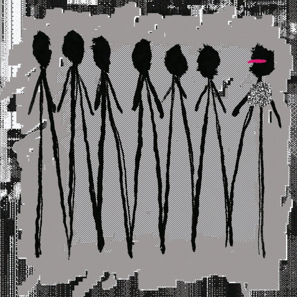 The image features a group of seven black silhouettes, each standing upright with their arms outstretched as if they are waving or greeting someone. One of these figures has a pink object attached to its backside, which stands out against the monochrome background. The text "gm 'Peer Pressure'". This suggests that the image is related to a post about peer pressure and social dynamics among teenagers.
