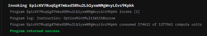 A terminal/console output showing a successful Solana program invocation, displaying 'Invoking EpiKV7RuqGg47mbxdSRhu2Lb1yxwNMgNvyLGvz9Kpkk', the program log 'OptionMintMultiwithBorrow', compute units consumed (174612 of 1377061), and 'Program returned success' in green text.
