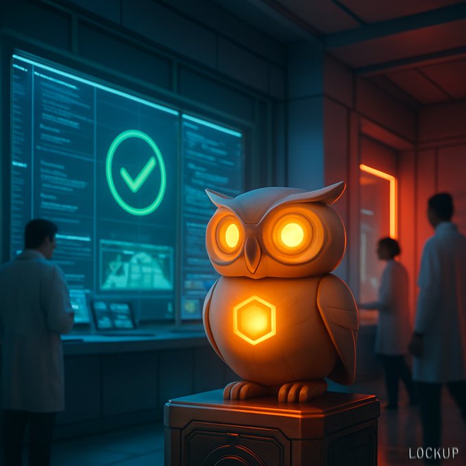 A 3D-rendered orange owl figurine with glowing yellow eyes and a hexagonal emblem sits on a pedestal in a high-tech lab, with scientists working at screens displaying a green checkmark in the background; the word 'LOCKUP' appears in the corner.