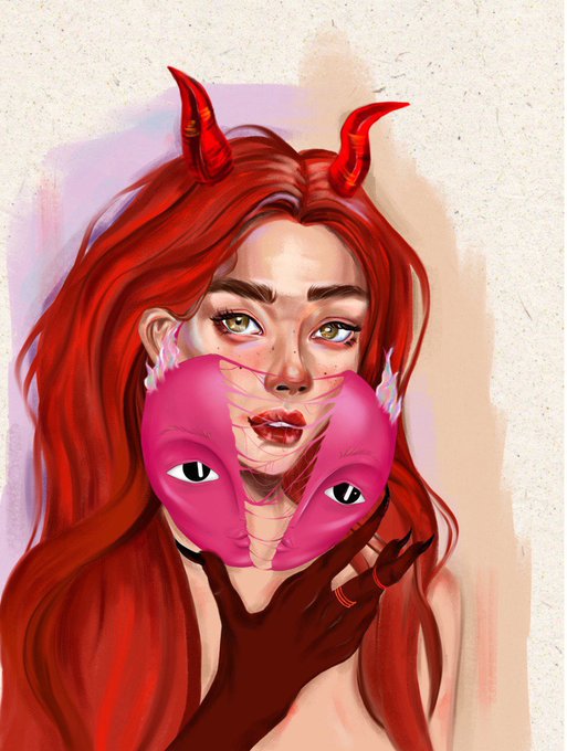 A digital illustration of a red-haired woman with demon horns, peeling away a pink mask to reveal her true face. This artwork is a collaboration from the series "Find your demon and it will throw off all the masks you so carefully protect" by artist •Lucy•.