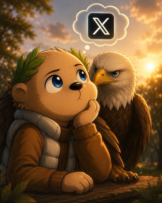 Cartoon illustration of a bear wearing a leaf crown thinking about the X (Twitter) logo, sitting next to a bald eagle at sunset.