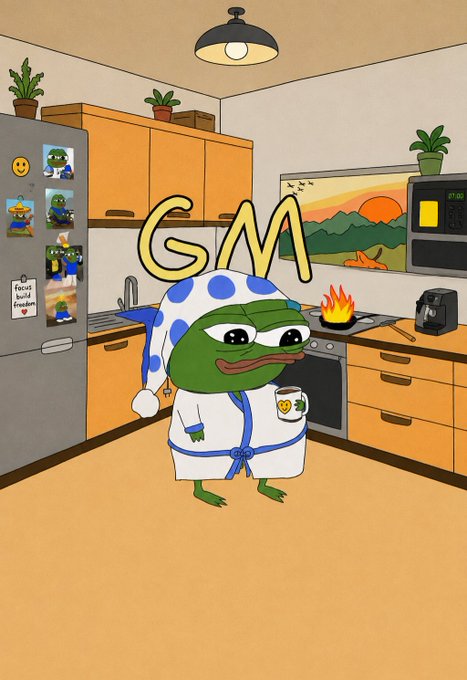 A cartoon illustration of a Pepe the Frog character in blue polka-dot pajamas holding a mug, with 'GM' (Good Morning) written in large yellow letters in a kitchen setting.