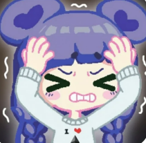 A cartoon chibi-style character with blue hair, mouse-like ears, and an 'I ♥ NY' sweater clutching her head in distress.
