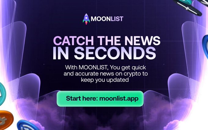 A promotional banner for MOONLIST featuring a rocket logo and the text 'CATCH THE NEWS IN SECONDS' with a call-to-action button linking to moonlist.app for quick crypto news updates.