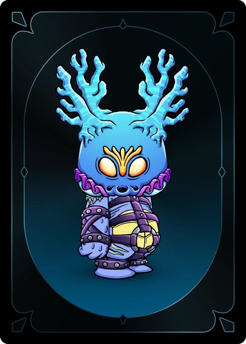 A digital illustration of a blue, cartoonish character with glowing orange eyes, antler-like protrusions on its head, and purple tentacle-like details around its neck, set against a dark teal background with a decorative border.