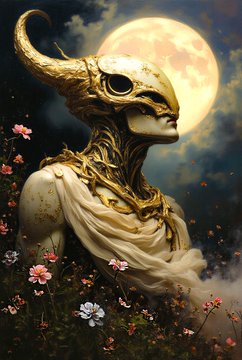 A fantasy digital artwork of a golden, biomechanical humanoid figure with horns standing among flowers under a full moon.