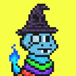 A pixel art illustration of a blue-skinned witch character with a black pointed hat, holding a small blue flame against a bright yellow background.
