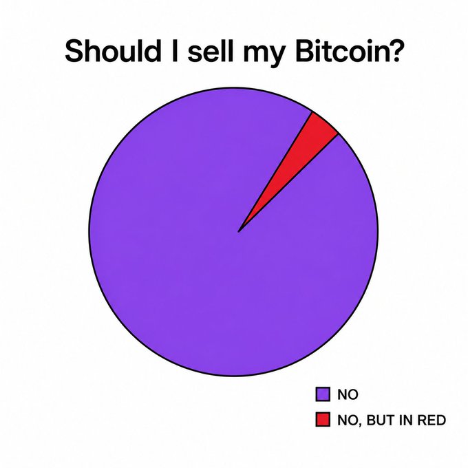 A pie chart titled "Should I sell my Bitcoin?" humorously shows overwhelming votes for "NO" (purple) with a small sliver for "NO, BUT IN RED," perfectly capturing the dilemma and HODL mentality referenced in the accompanying post.