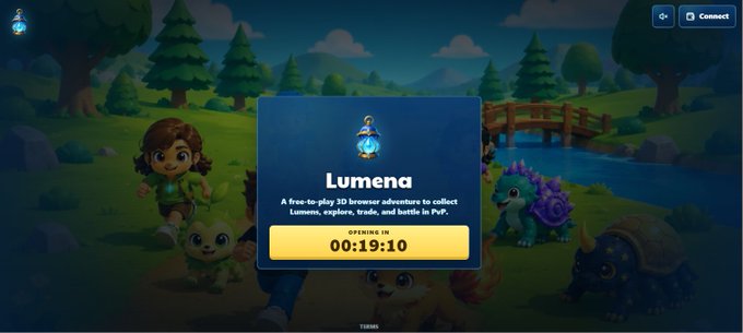 Promotional landing page for 'Lumena,' a free-to-play 3D browser adventure to collect Lumens, featuring characters and an opening timer of 00:19:10.
