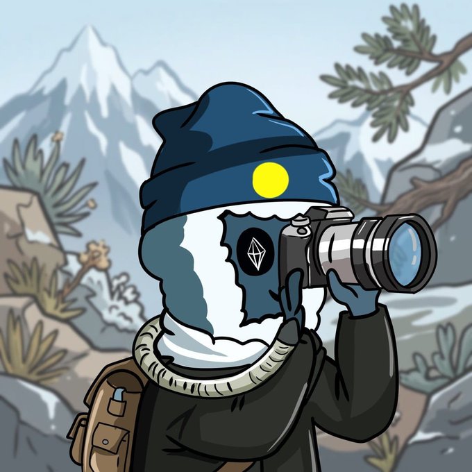 A cartoon illustration of a character wearing a blue beanie with an Ethereum logo face, holding a camera with a snowy mountain backdrop.