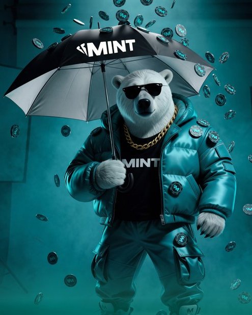 An AI-generated image of a white bear wearing sunglasses, a gold chain, and a teal puffer jacket, holding an umbrella with the 'MINT' logo, surrounded by falling coins.