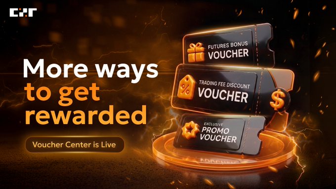 A promotional banner for a 'Voucher Center' featuring stacked tickets for 'Futures Bonus Voucher,' 'Trading Fee Discount Voucher,' and 'Exclusive Promo Voucher,' with the headline 'More ways to get rewarded.'