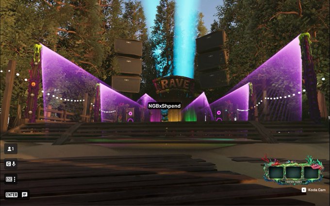 Screenshot from a VR environment showing a virtual stage with a 'RAVE' sign, purple lighting, speaker stacks, and the username 'NGBxShpend' displayed in the center.