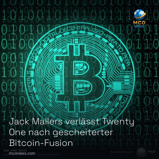 The image features a stylized Bitcoin logo in teal with circuit-like details, overlaid on a background of binary code, promoting an MCO News article titled "Jack Mallers verlässt Twenty One nach gescheiterter Bitcoin-Fusion" (Jack Mallers leaves Twenty One after failed Bitcoin merger), which relates directly to his July 20 departure as CEO of Twenty One Capital.