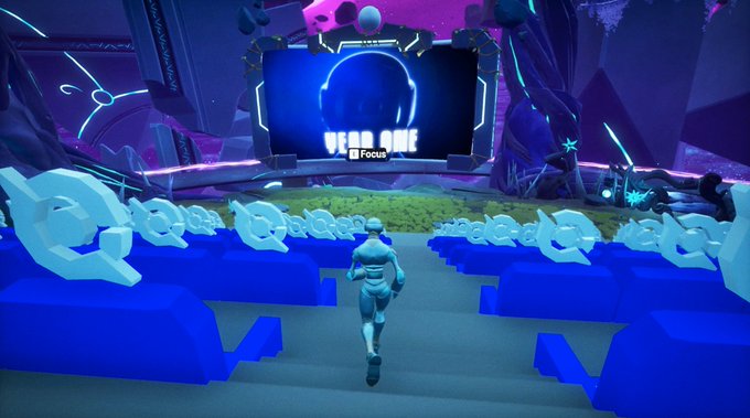 A screenshot from a video game showing a white character running through a blue-lit arena toward a screen displaying 'YEAR ONE' with a prompt to 'Focus'.