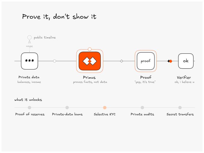 A hand-drawn diagram titled "Prove it, don't show it," illustrating a process flow from "Private data" to "Primus," "Proof," and "Verifier," with a timeline below listing what it unlocks: Proof of reserves, Private-data loans, Selective KYC, Private audits, and Secret transfers.