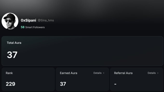 A profile screenshot for '0xSipani' (@Sina_hms) with 58 Smart Followers, showing a Total Aura of 37, Rank 229, and Earned Aura of 37.