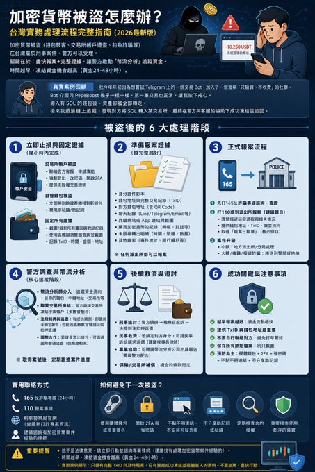 This infographic, titled "加密貨幣被盜怎麼辦？" (What to do if your cryptocurrency is stolen?), serves as a comprehensive guide for victims in Taiwan, outlining a 6-step process including evidence preservation, police reporting, investigation analysis, and recovery through exchanges like Binance. It directly relates to the post by detailing the exact recovery steps the author took after their SOL was stolen via a Telegram scam bot, successfully traced to Binance.
