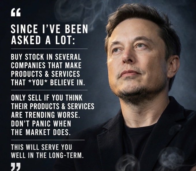 The image features a man with a beard wearing a black shirt who appears to be a successful businessman or tech mogul like Elon Musk. The caption of the image reads "Since I've been asked a lot; buy stock in several companies that make products & services. That you believe in." This quote is related to the post about Web3 projects and companies, as it emphasizes the importance of investing in innovative ideas and focusing on long-term growth rather than short-term gains or panic during market fluctuations.