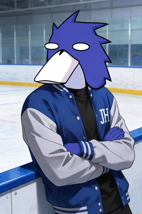 An illustrated anthropomorphic blue bird character wearing a blue and white varsity jacket with 'JH' on it, standing with arms crossed at an ice rink.
