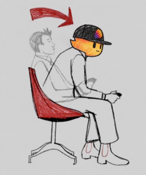 A hand-drawn illustration showing a person's silhouette being filled with color and a cap featuring a rainbow-colored 'M' logo, indicated by a red arrow. The drawing depicts the figure sitting on a chair holding what appears to be a game controller.