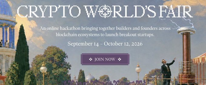 A promotional banner for the "Crypto World's Fair," an online hackathon running September 14 – October 12, 2026, featuring a "JOIN NOW" button set against a classical painting backdrop of a man beside a lightning-struck tower—evoking the spirit of invention and discovery tied to the upcoming competition, likely including the Poland edition mentioned in the post.