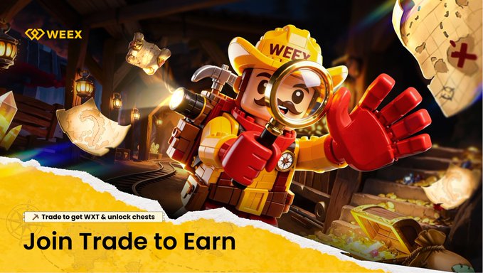 A promotional banner for WEEX features a cartoon miner character wearing a "WEEY" cap and holding a magnifying glass amid scattered treasure chests and maps, with the tagline "Join Trade to Earn" and a note "Trade to get WXT & unlock chests" at the bottom. The illustration visually represents the post's "Trade to Earn" campaign, where users deposit USDT, mine WXT, and collect fragments to unlock treasure chests like those shown in the scene.