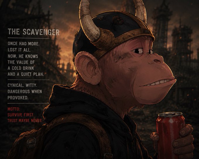 A stylized character labeled "The Scavenger" with horns on his helmet holds a red can in a post-apocalyptic wasteland, with text reading "Once had more. Lost it all. Now, he knows the value of a cold drink and a quiet plan" and his motto: "Survive first. Trust maybe never."

This image humorously illustrates a "henlocalypse" by showing a hard-boiled, world-weary hen survivor equipped with a makeshift horned helmet, clutching his precious cold drink amid ruins—a nod to how chickens might survive and scavenge through the apocalypse.