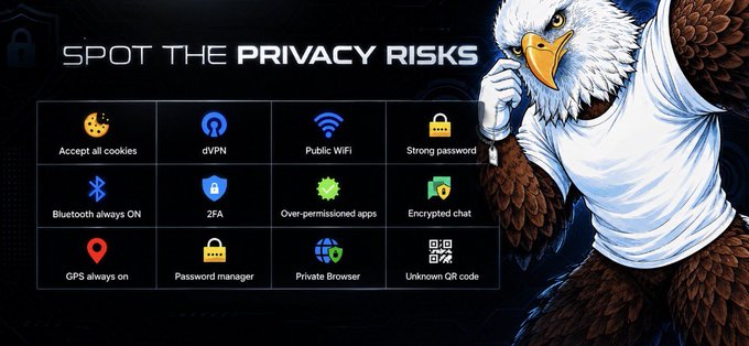 An infographic titled "SPOT THE PRIVACY RISKS" featuring an eagle character, listing 12 privacy concerns including cookies, VPN, public WiFi, Bluetooth, 2FA, and GPS.