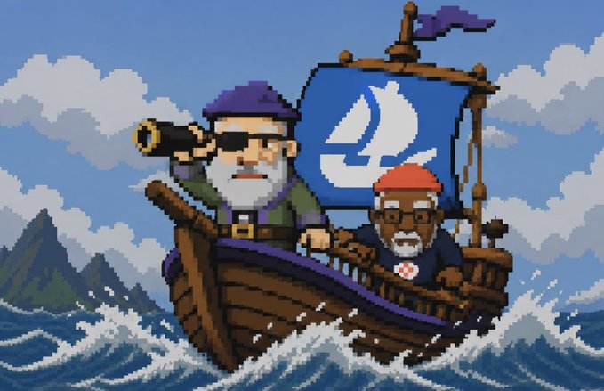A pixel art illustration of two pirate characters on a wooden ship with a sail, sailing on choppy seas.