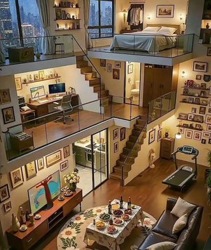 An interior view of a multi-story, open-concept tiny house or loft featuring a bedroom on the top level, a living area with a TV, a dining table set with food and drinks, numerous framed pictures, and a staircase connecting the levels.