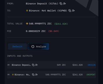 A cryptocurrency wallet interface showing a transaction from 'Binance Deposit (t1Do)' to 'Binance: Hot Wallet (i1PK8)' with a total value of 548.99899771 ZEC ($261.02K).