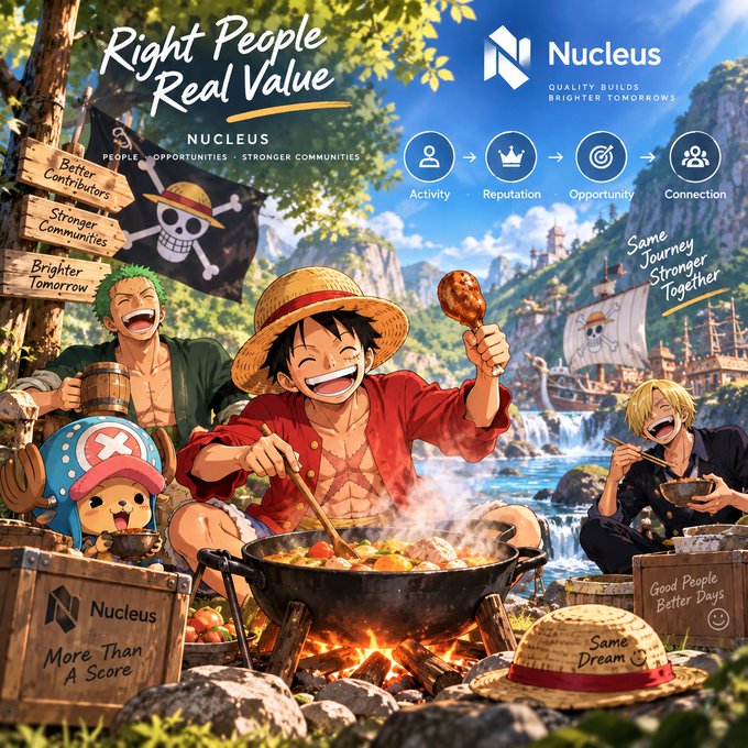 A promotional graphic for Nucleus featuring anime characters (One Piece crew) cooking together with the slogan 'Right People Real Value' and 'More Than A Score'.