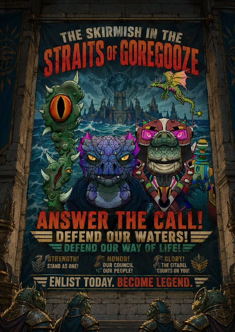 The image features a poster with three cartoon characters, each representing different political parties or groups. The first character is a green dragon, symbolizing one of the two political parties represented by the dragon. The second character is a blue bird, representing another party. Both characters are depicted in a cartoon style and are standing next to each other on the poster.

The text on the poster reads "The Skirmish in the Straits of Goregoze", which refers to a fictional land where two parties are fighting for control over resources. The poster also includes a call to action, urging citizens to stand up against the bureaucrats and demand their rights.