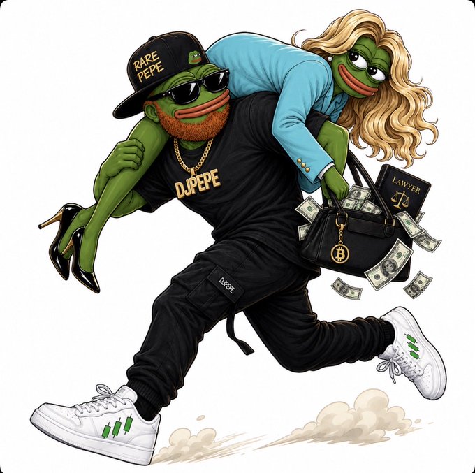 An illustration of a male and female Pepe the Frog character; the male wears a 'RARE PEPE' hat, sunglasses, and 'DJ PEPE' clothing while carrying the female along with a handbag full of money and a 'LAWYER' book.