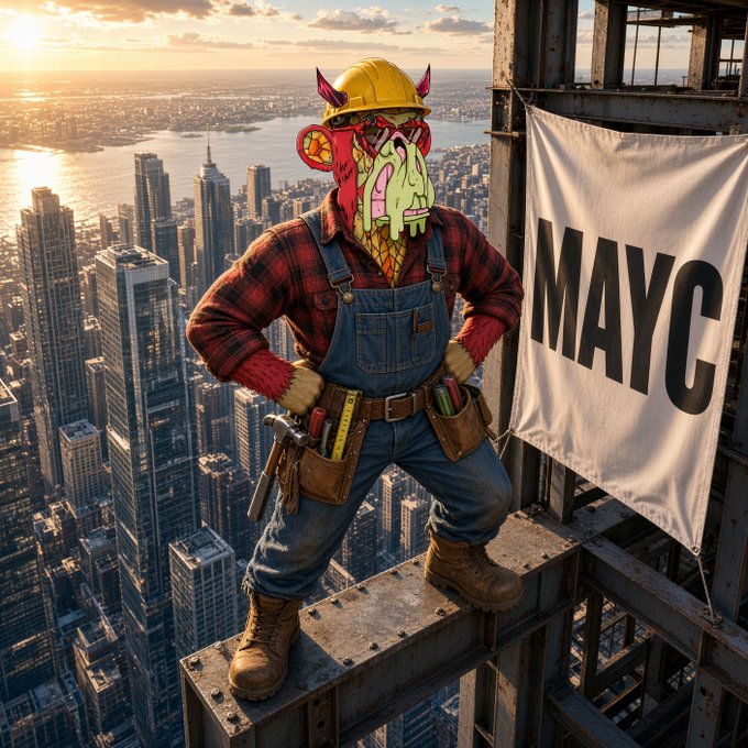 A cartoon character with a red demon head, wearing a yellow hard hat, red plaid shirt, and denim overalls, stands on a steel beam above a city skyline next to a 'MAYC' banner.
