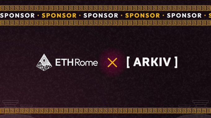 A promotional graphic with a dark purple background and gold Greek key border announces "ETHRome X [ARKIV]" as a partnership, with "SPONSOR" text scrolling along the top banner, welcoming Arkiv Network as a sponsor for the ETHRome 2026 hackathon.