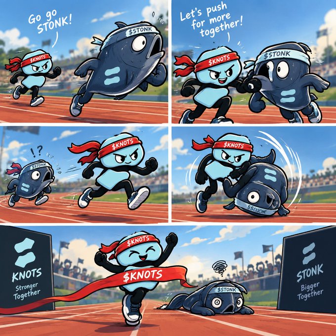 A comic strip meme on a running track featuring two mascot characters racing: a light blue "$KNOTS" character with a red headband winning against a larger dark blue "$STONK" character, ending with "KNOTS Stronger Together" and "STONK Bigger Together" signs.