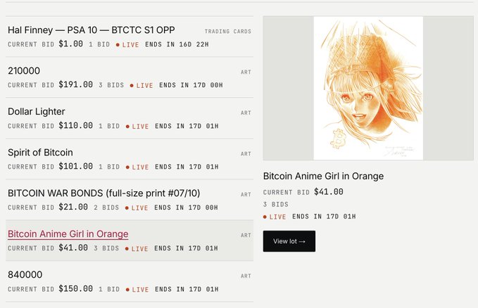 A screenshot of an online auction listing featuring various Bitcoin-themed art items, with the highlighted item 'Bitcoin Anime Girl in Orange' showing a current bid of $41.00 and 3 bids, alongside other items like 'Hal Finney — PSA 10', '210000', 'Dollar Lighter', and 'Spirit of Bitcoin'.