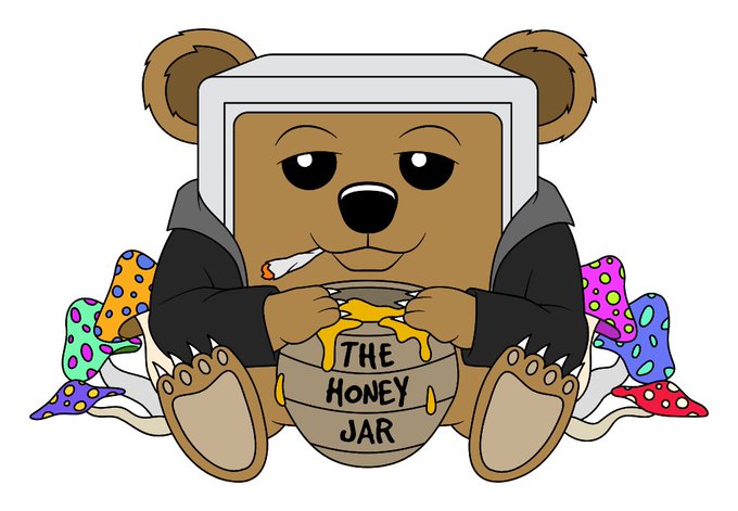 A cartoon bear wearing a hooded sweatshirt holds a honey pot labeled 'THE HONEY JAR' while eating honey, surrounded by colorful spotted mushrooms.