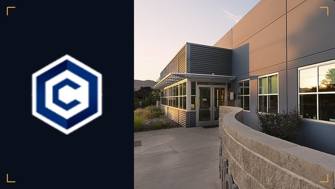 A split image with a blue and white hexagonal 'C' logo on a dark background on the left, and a modern building with glass windows on the right at sunset.