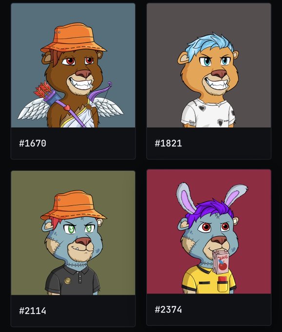 Four NFT character cards from a collection featuring animal avatars with different attributes, labeled #1670, #1821, #2114, and #2374.