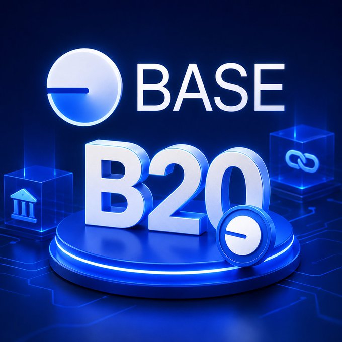 A 3D digital promotional graphic featuring the BASE cryptocurrency logo and 'B20' text in glowing blue on a platform with blockchain-themed icons.