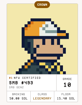 A pixel art character card titled "CROWN" displays an SMB #493 (#1 NFW CERTIFIED) token with a Grade 10 rating, branded as "LEGENDARY" class with a backing of 50.00 SOL at a 15.40 SOL floor. The image illustrates the post's strategy of backing this Legendary SMB token with 50 SOL in the @nfwdotfun pool to earn yield while waiting for a potential cash-out.
